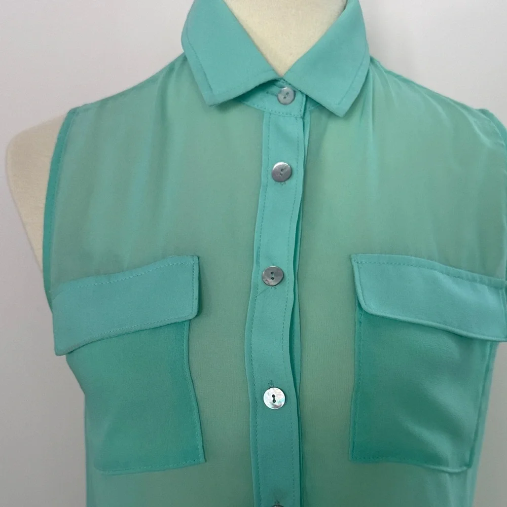 Cotton Candy Sleeveless Sheer Button-Front Blouse in Aqua Green - Picture 2 of 6